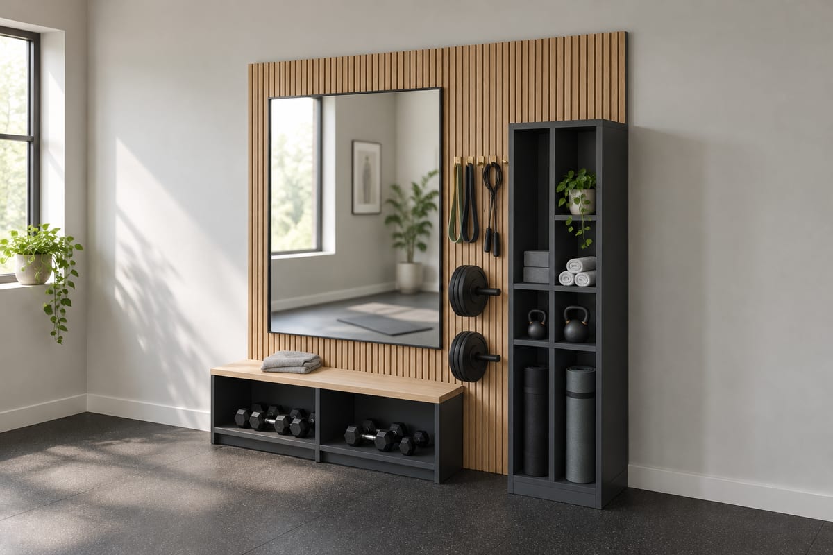 Oak slat home gym wall, a rendering