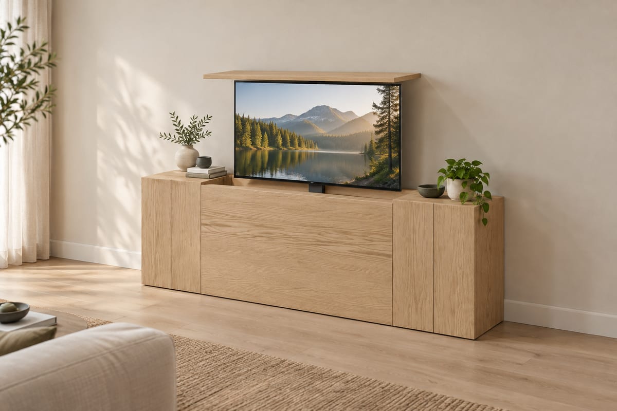 Oak TV-lift console, a rendering