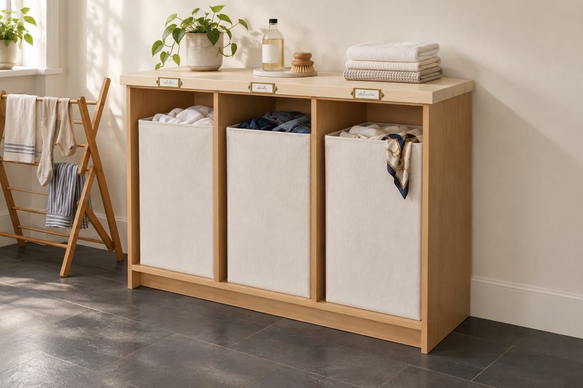 Ochre three-bin laundry sorter, a rendering