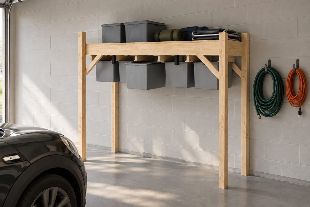 Over-bonnet garage storage loft, a rendering