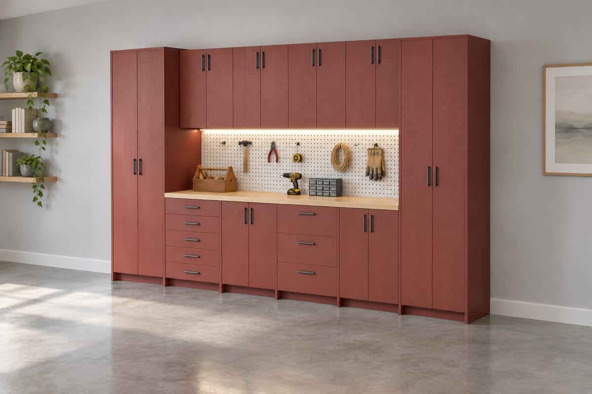 Oxblood garage cabinets, a rendering
