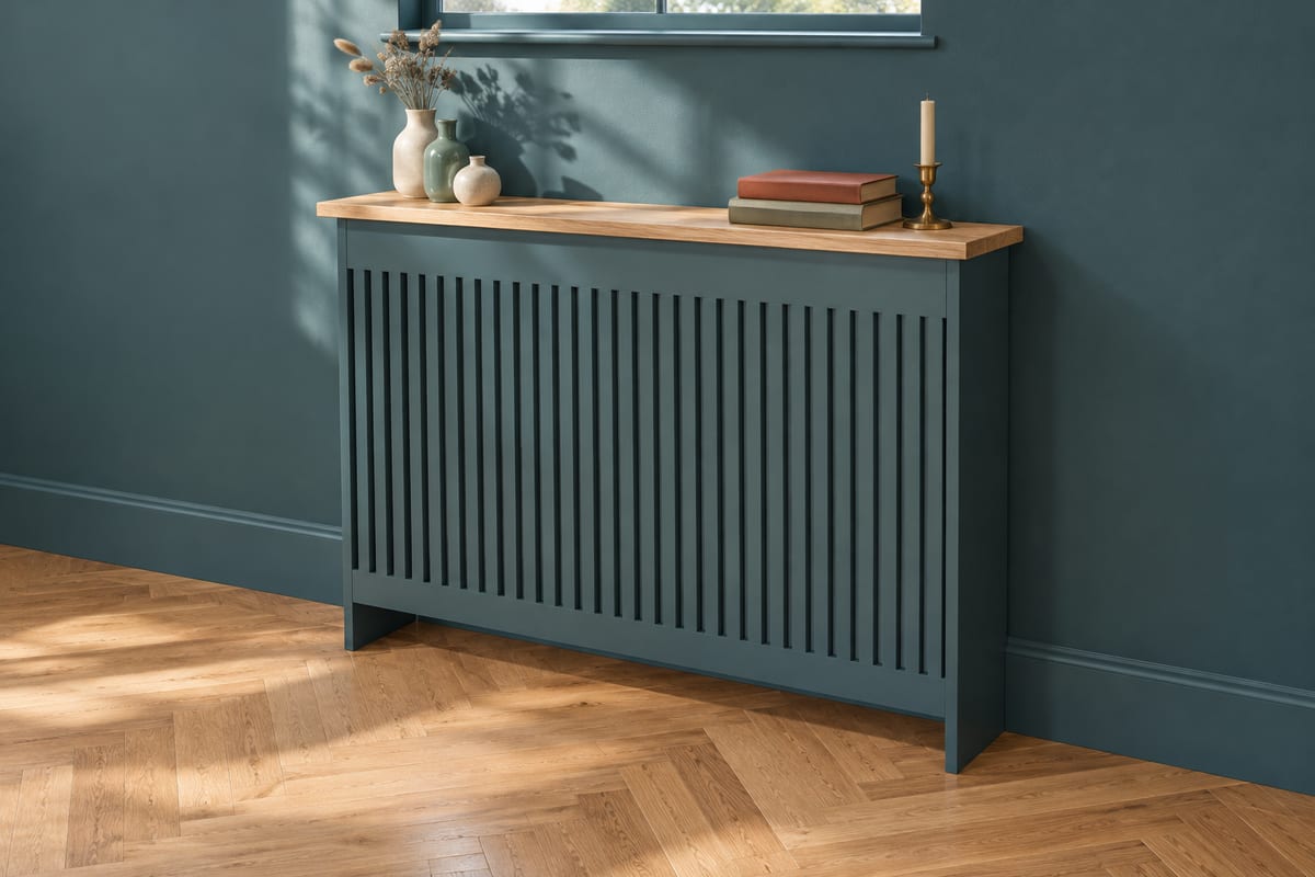 Petrol blue slatted radiator cover, a rendering