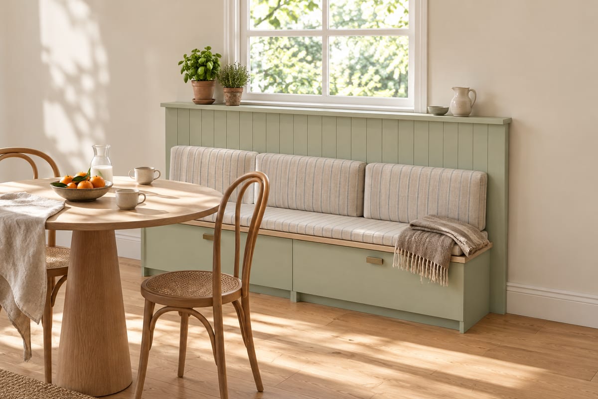 Pistachio beadboard breakfast nook, a rendering