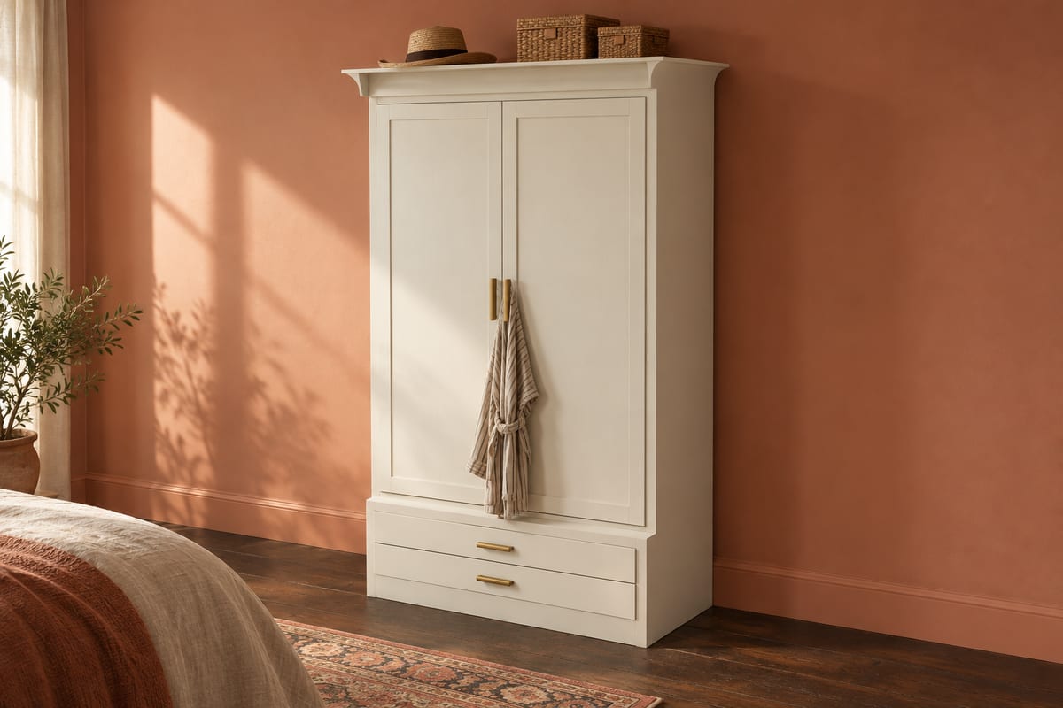 Putty linen press armoire, a rendering