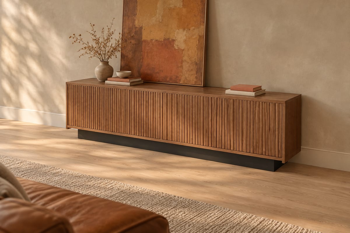 Reeded walnut media console, a rendering