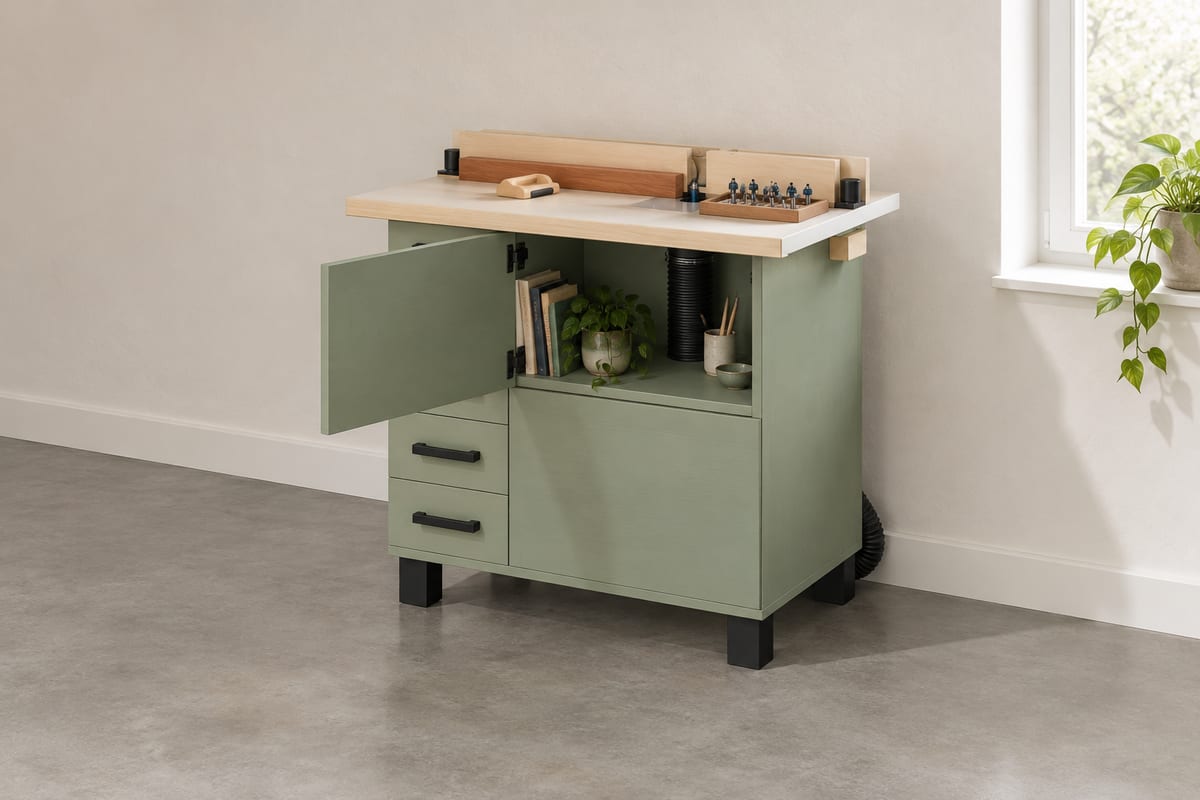 Router table cabinet with dust bin, a rendering