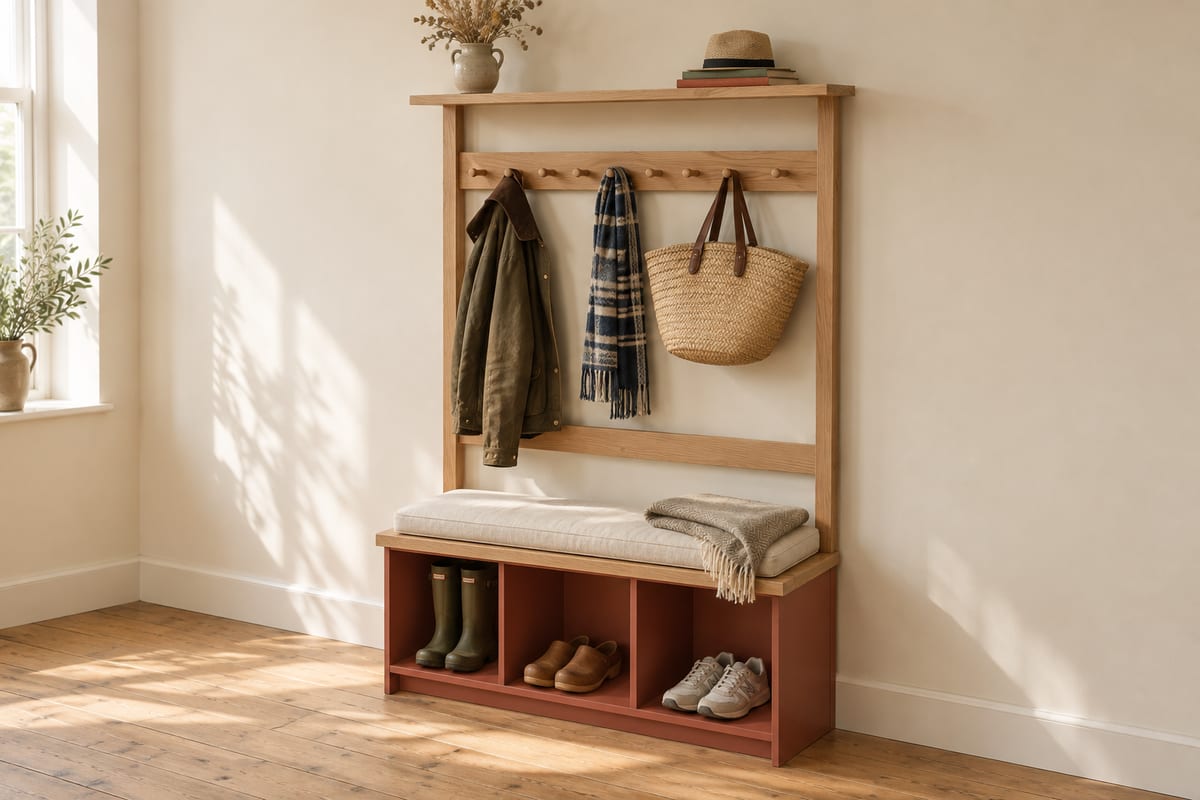 Shaker peg rail bench, a rendering