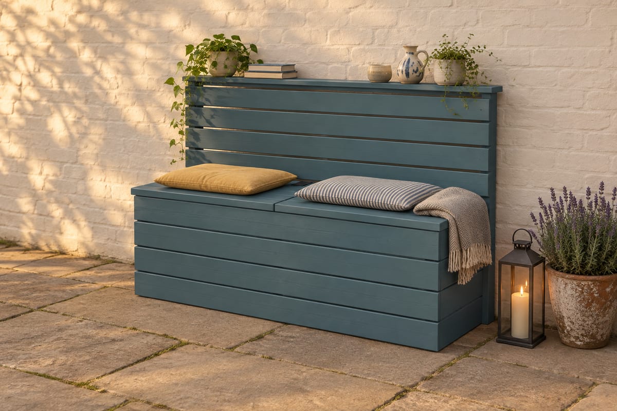 Slate deck box bench, a rendering