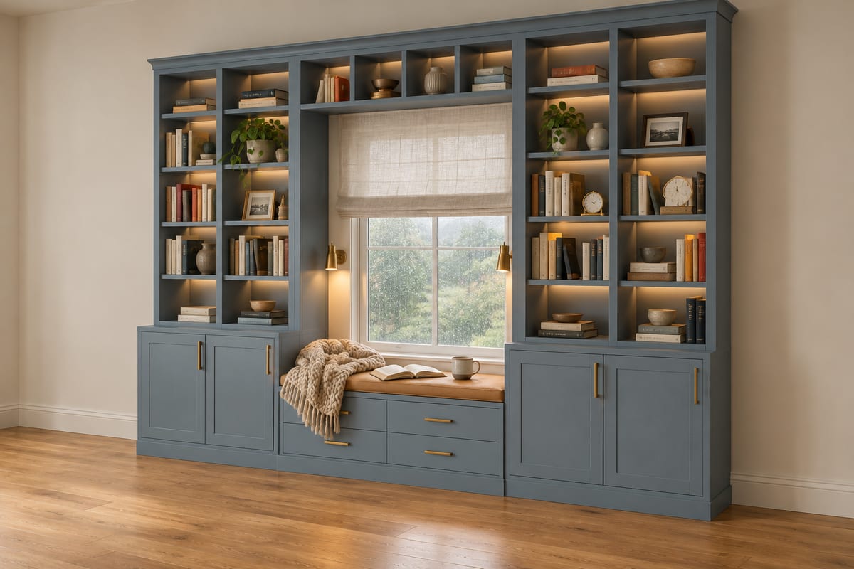 Smoky blue window seat library, a rendering