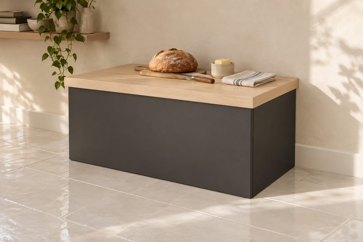 Bread bin with a cutting-board lid, a rendering