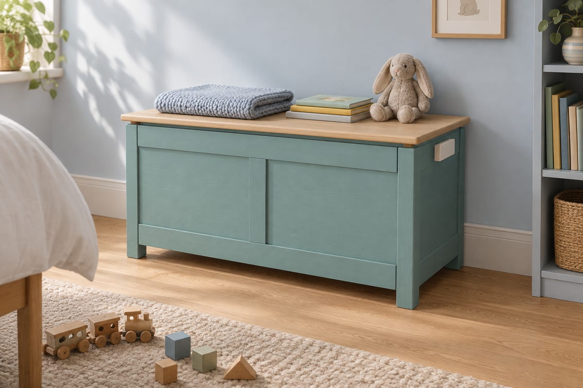Teal panelled toy chest, a rendering