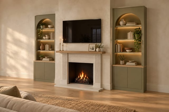 Arched fireplace media wall