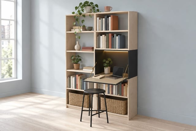Birch room divider with fold-out desk