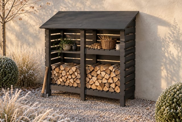Black timber log store