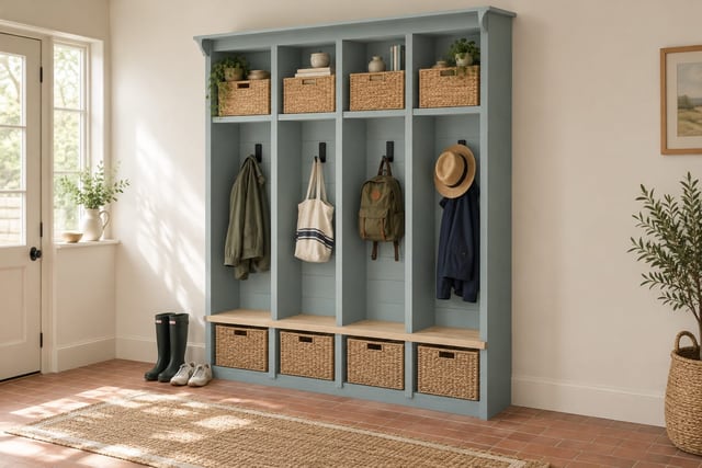 Blue-green mudroom lockers