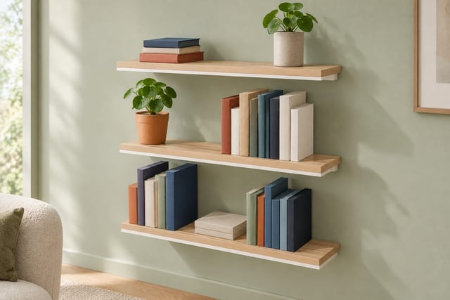 Floating oak shelves with lights