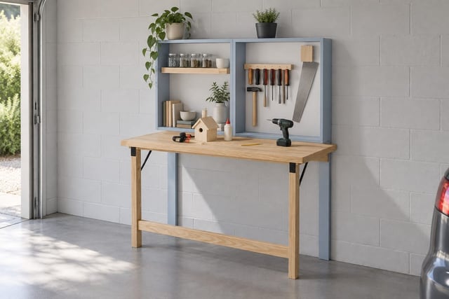 Fold-down garage workbench