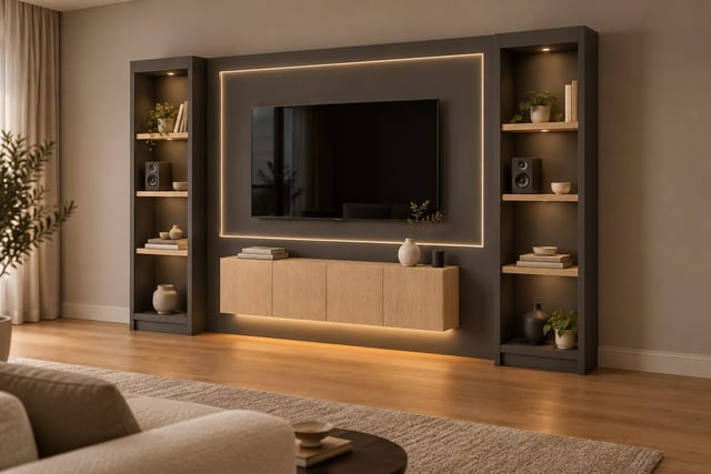 Graphite panelled TV wall with hidden cables