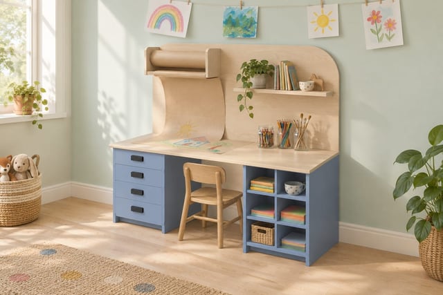 Kids art desk with paper roll
