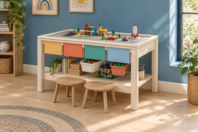 Maple building-brick table with bins