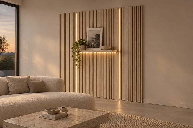 Maple lit slat wall with floating shelf