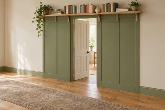 Moss batten hall with over-door library