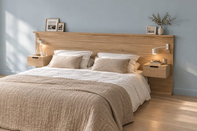 Oak plank headboard wall with floating nightstands