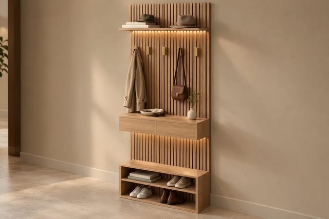 Oak slat drop-zone wall