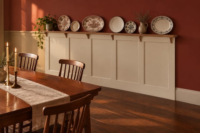 Oat Craftsman wainscot with cherry plate ledge