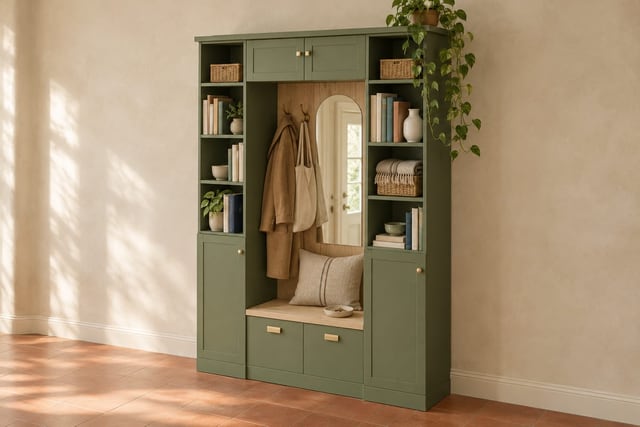 Olive hall tree with arched mirror