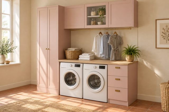 Pink laundry wall with folding counter