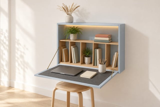 Powder blue fold-down wall desk