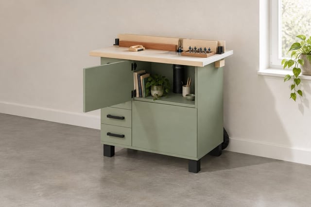 Router table cabinet with dust bin