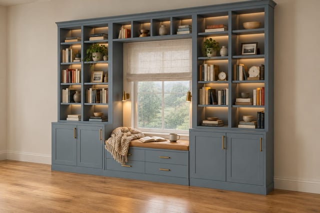 Smoky blue window seat library