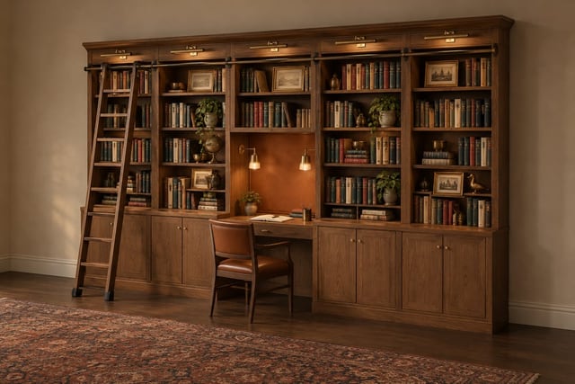 Walnut library with a desk niche