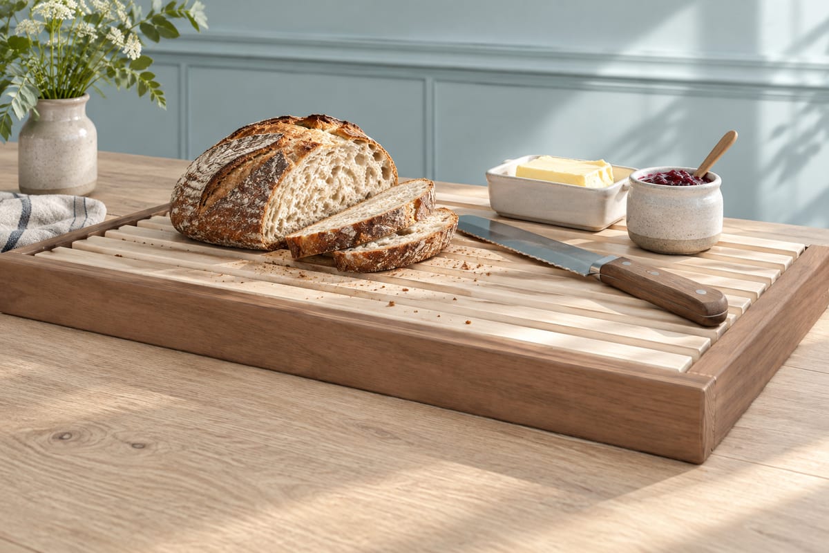 Bread board with a lift-out crumb grate, a rendering