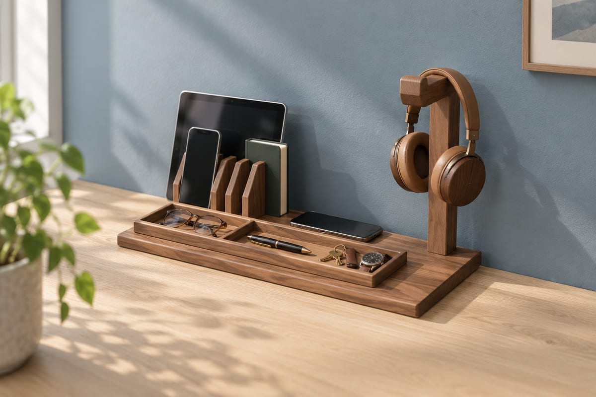 Walnut desk docking station, a rendering