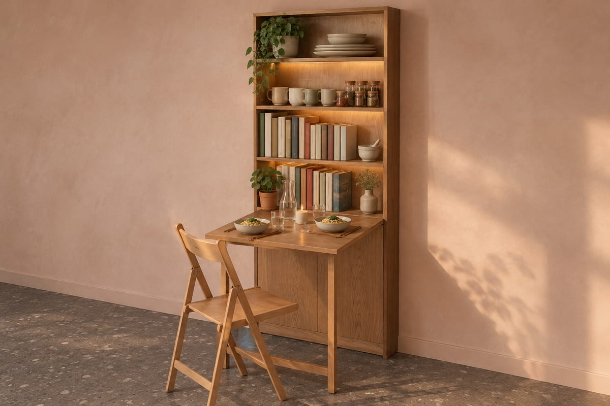 Walnut fold-down table cupboard, a rendering
