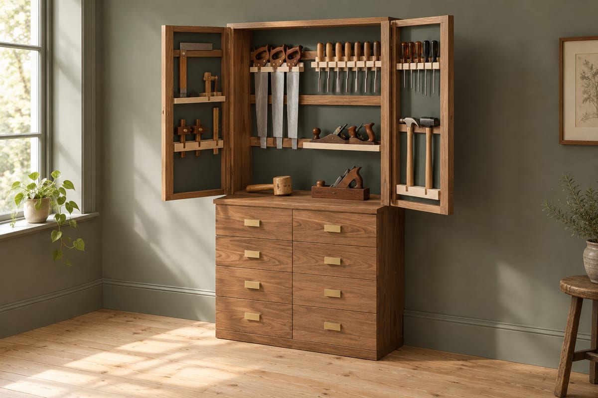 Walnut hand-tool armoire, a rendering