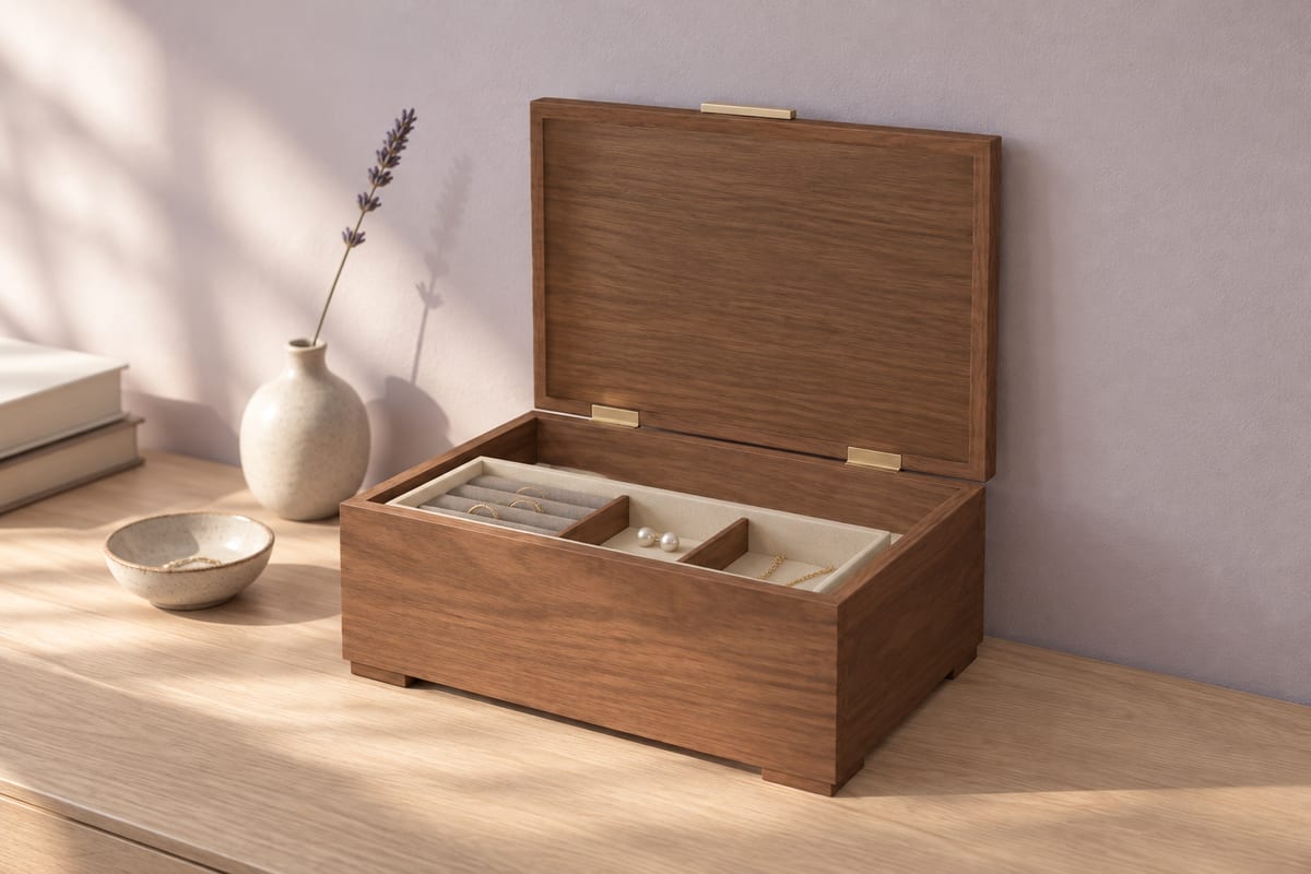Walnut jewellery box with a lift-out tray, a rendering