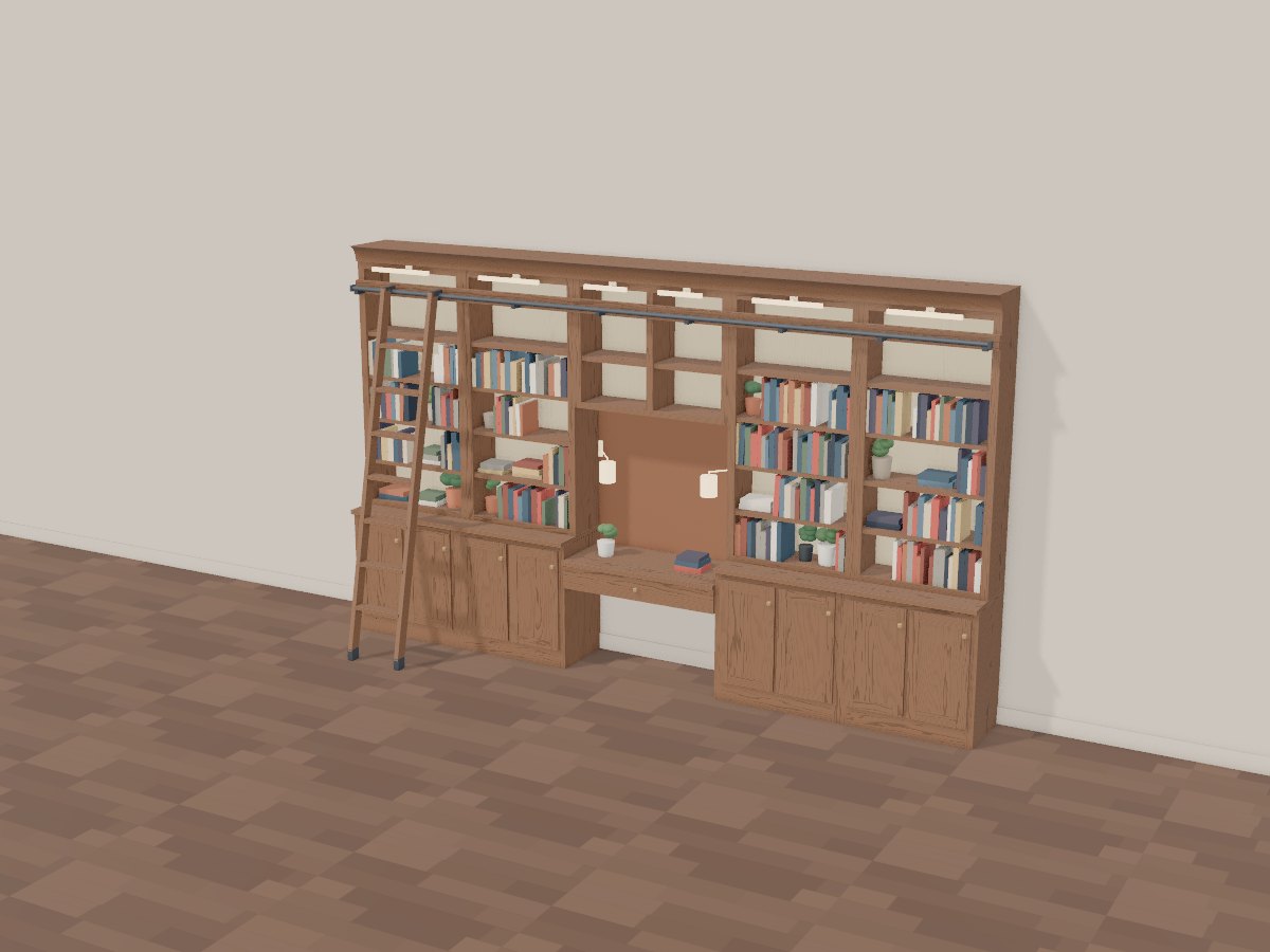 Walnut library with a desk niche, Crava's 3D model