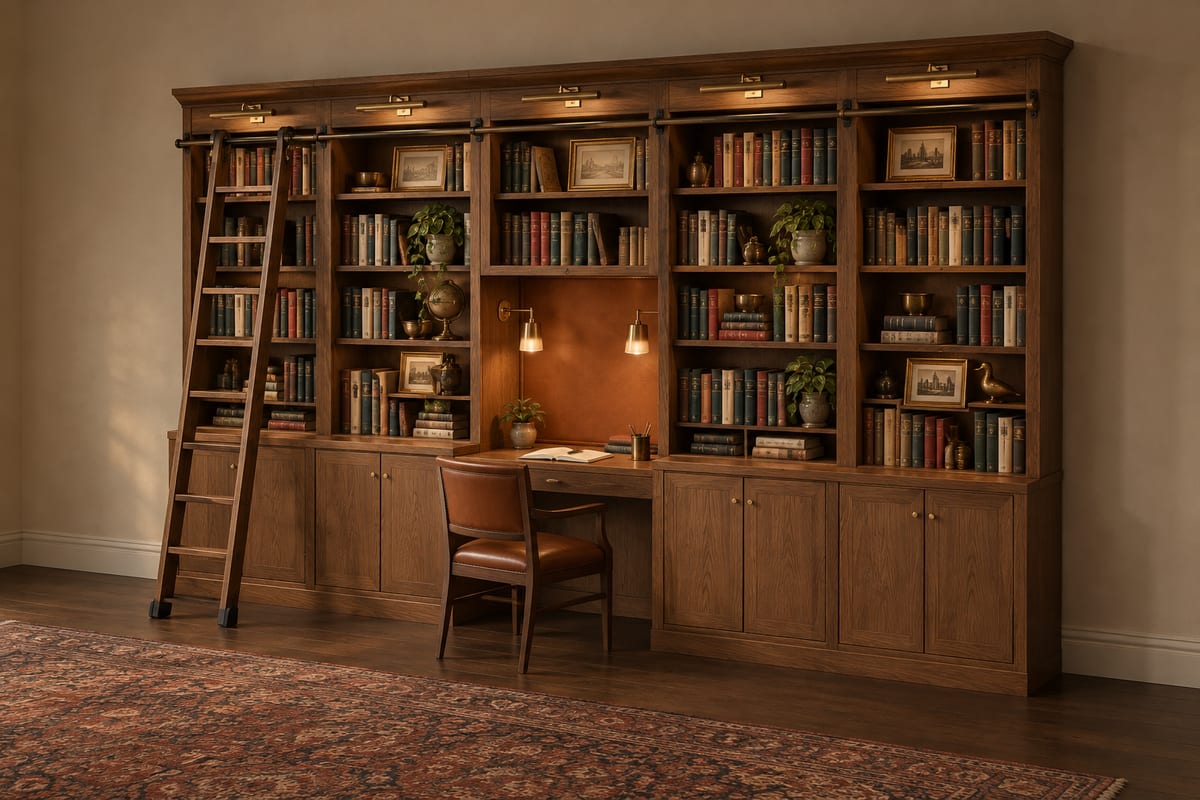 Walnut library with a desk niche, a rendering