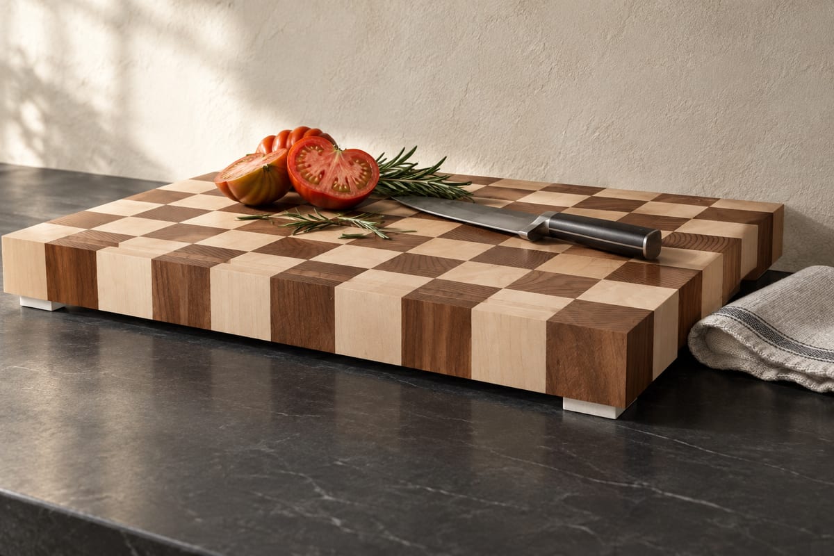 End-grain checkerboard butcher block, a rendering