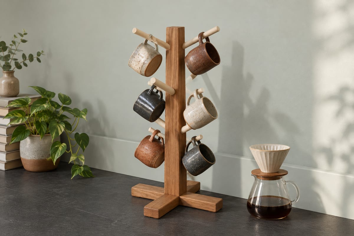 Walnut mug tree with maple pegs, a rendering