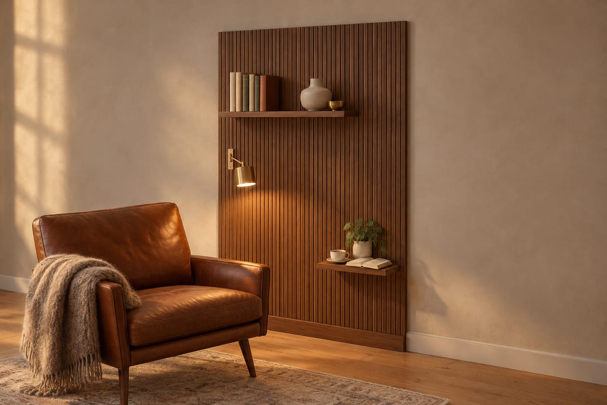 Walnut reeded reading wall, a rendering