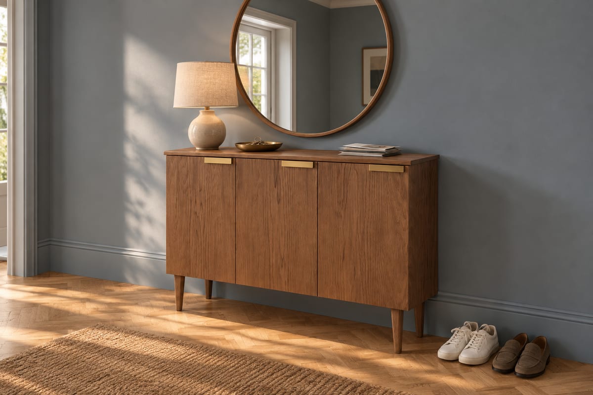 Slim walnut shoe cabinet, a rendering