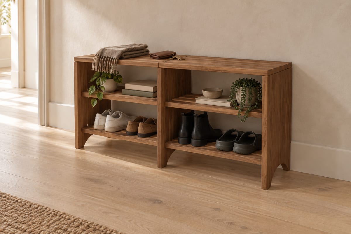 Walnut slatted shoe bench, a rendering